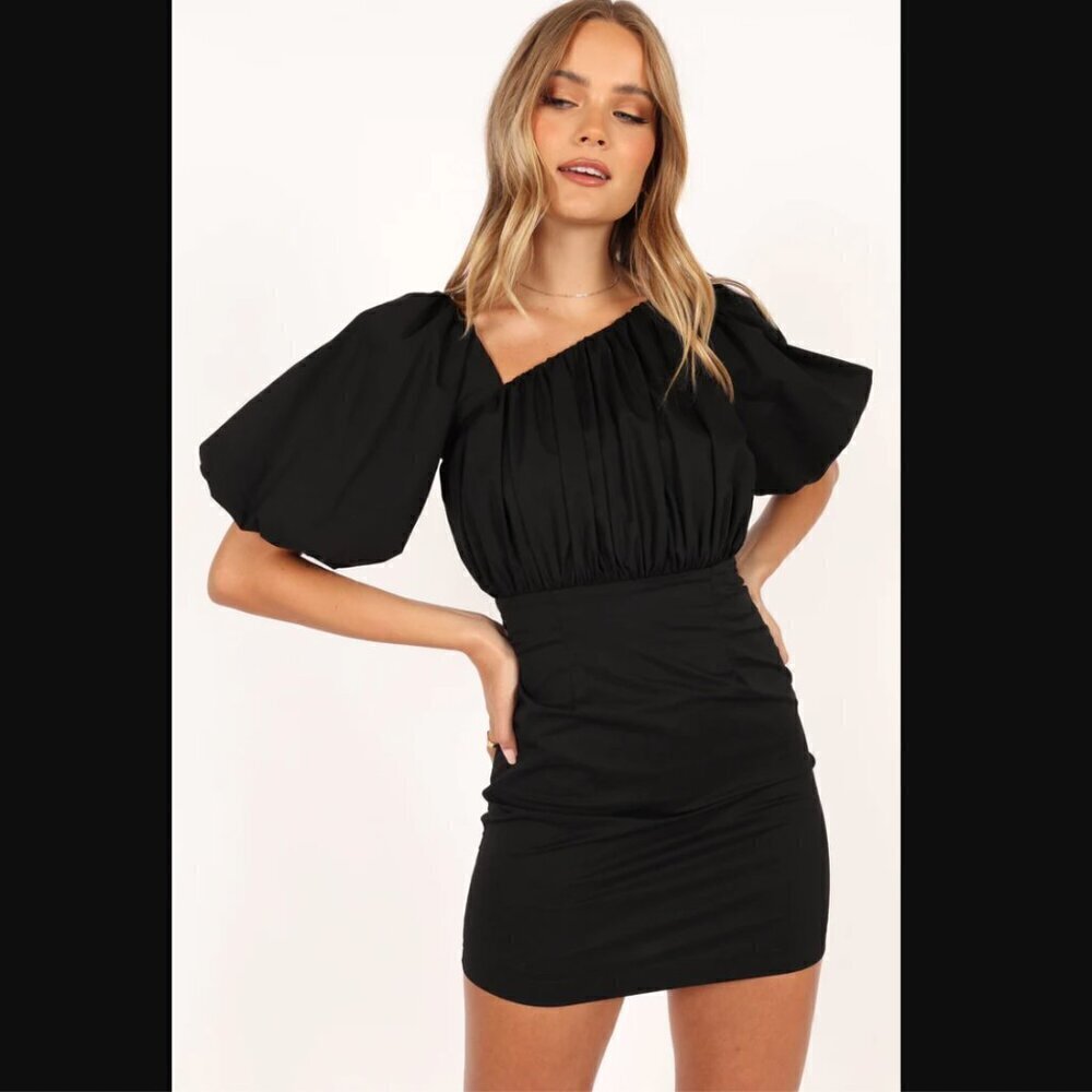 Petal & Pup Cabello Black One Shoulder Puff Slevee Mini Dress S - Picture 9 of 13